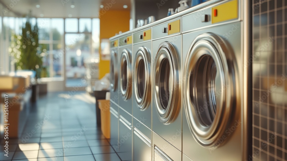 Bright, sunlit laundromat interior with modern stainless steel washing machines lined up. Bright, sunlit laundromat interior with modern stainless steel washing machines lined up.