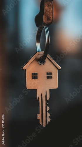 Close-up of a house-shaped key on a keyring, symbolizing homeownership and security.