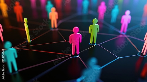 Close-up of Colorful Paper People on Black Background, Connected by Lines, Symbolizing Network and Community Concept, Central Figure Surrounded by Characters, Ideal for Social Media, Marketing Design