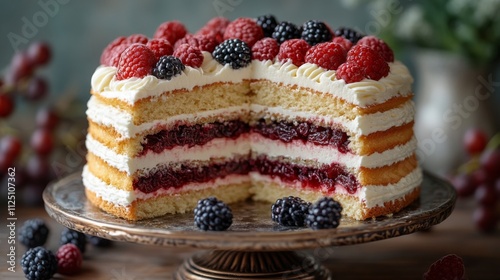 Wallpaper Mural A beautifully layered cake features whipped cream and fresh raspberries and blackberries. It is attractively arranged on a vintage plate, perfect for a gathering. Torontodigital.ca