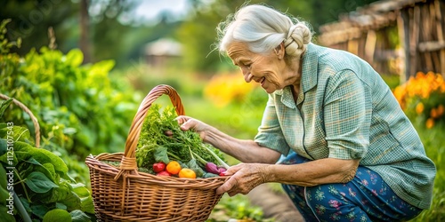 Wallpaper Mural Grandmother collects freshly harvested vegetables in her vibrant garden during a sunny afternoon Torontodigital.ca