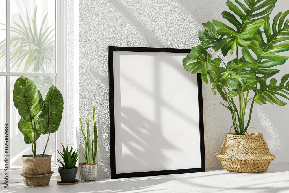 Bright and airy interior with lush green plants and a blank frame awaiting artwork, perfect for a modern home. Bright and airy interior with lush green plants and a blank frame awaiting artwork, perfect for a modern home.
