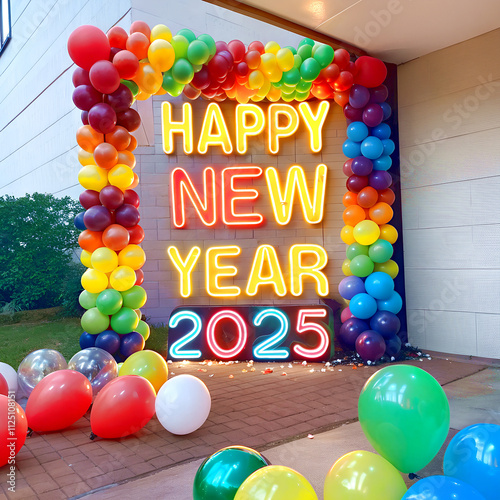 Happy New Year Festive Celebration of 2025 foil balloon 3d text effect	social media post