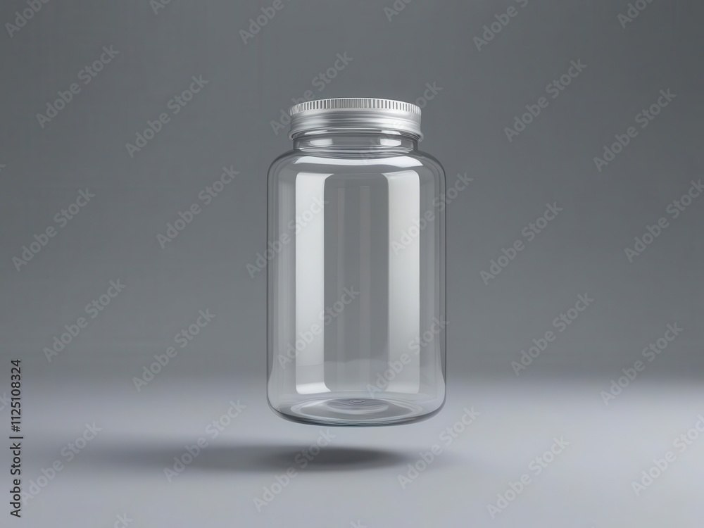 Clear glass jar floating in a minimalistic environment, perfect for showcasing contents or product packaging. Clear glass jar floating in a minimalistic environment, perfect for showcasing contents or product packaging.