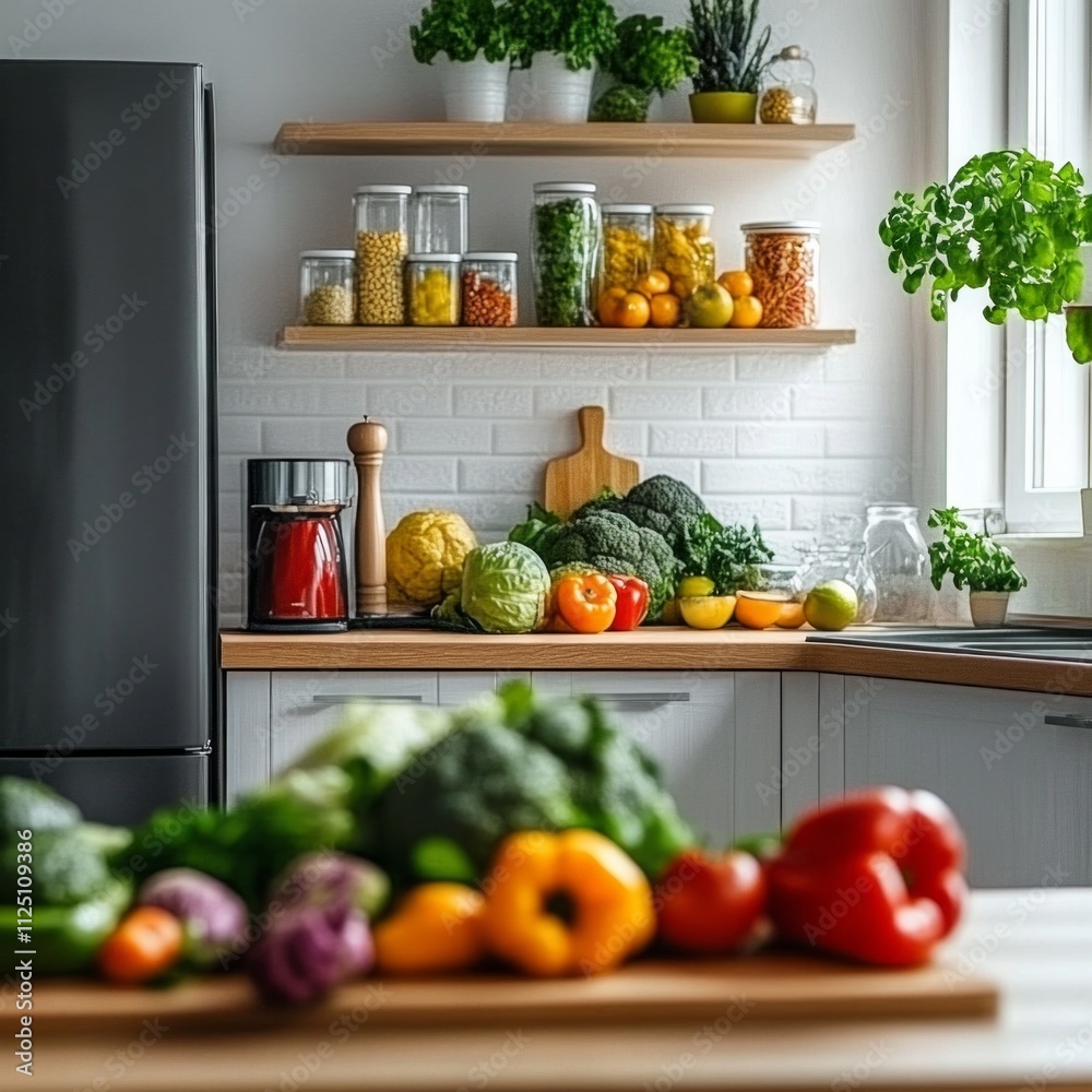 Modern kitchen with fresh vegetables and herbs on wooden counter in bright setting. Modern kitchen with fresh vegetables and herbs on wooden counter in bright setting.