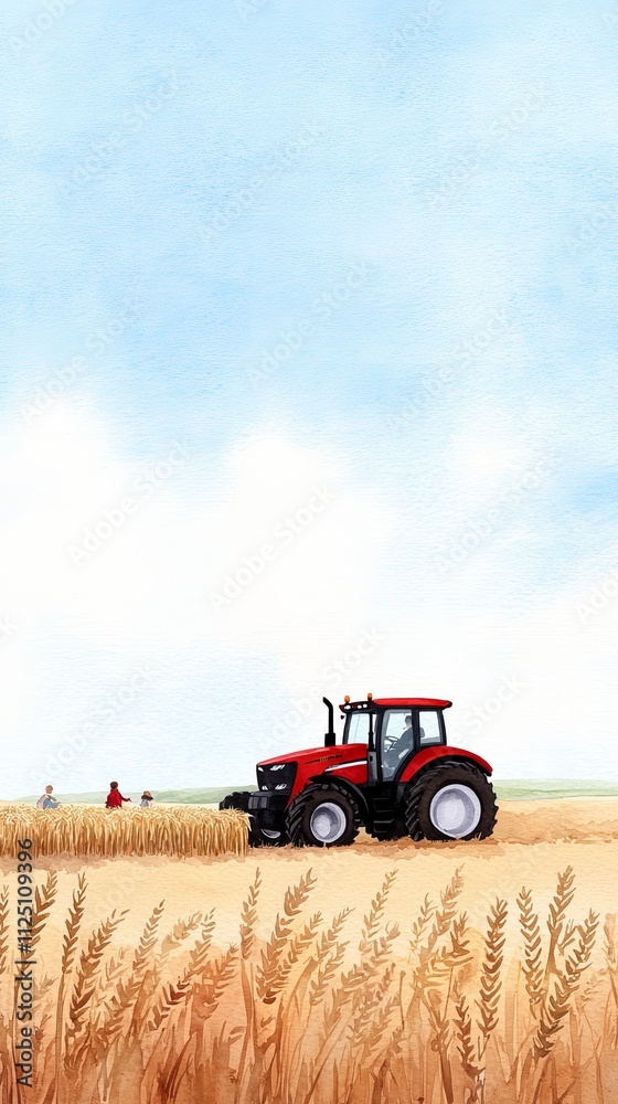 Obraz premium A vibrant red tractor stands in a golden wheat field under a blue sky, symbolizing agriculture and rural life.
