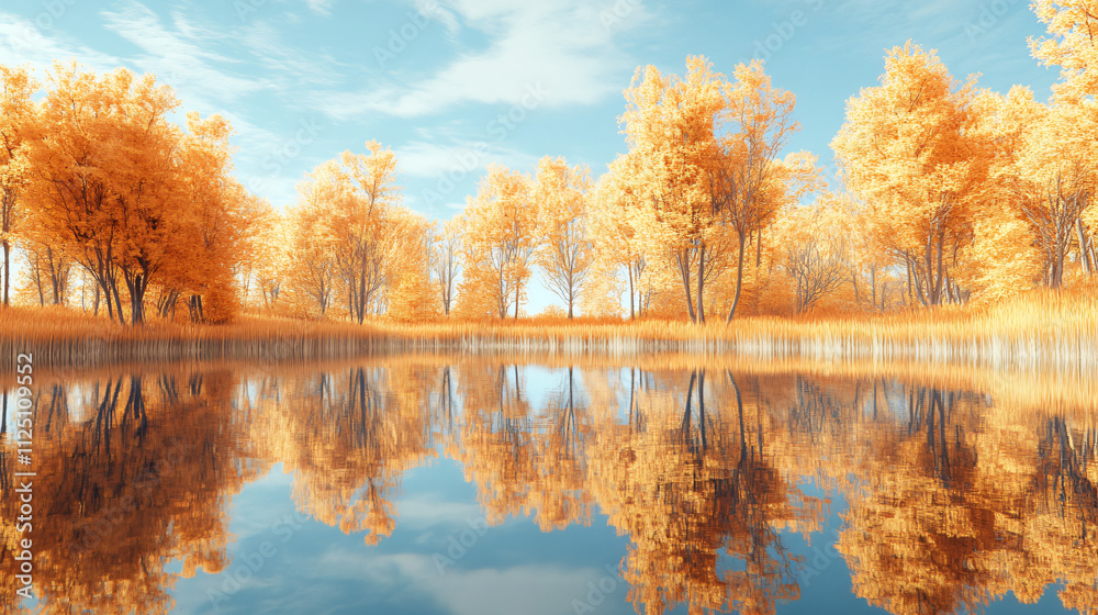 Obraz premium Golden autumn trees reflected perfectly in a still pond.