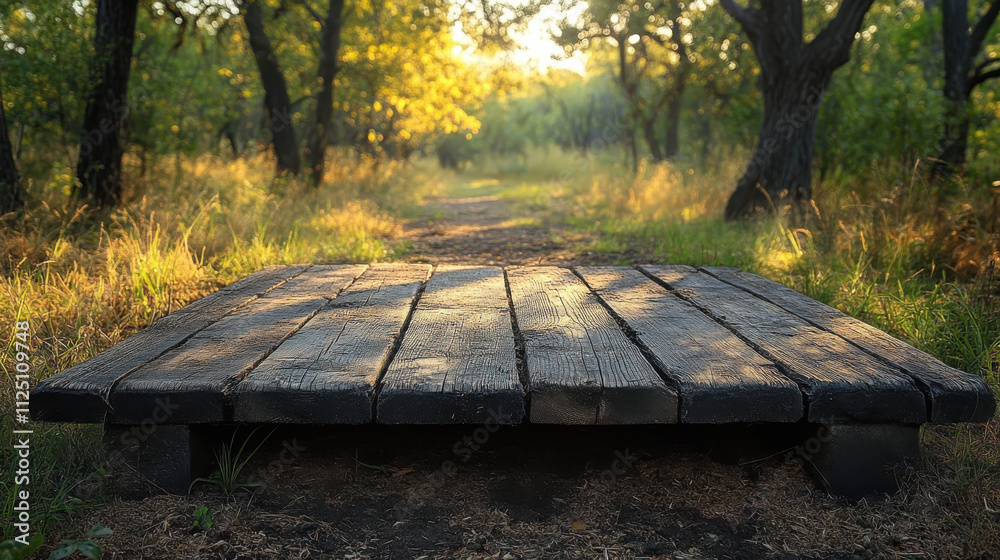wooden platform in serene forest path surrounded by trees and sunlight. warm glow creates peaceful atmosphere, perfect for relaxation or reflection wooden platform in serene forest path surrounded by trees and sunlight. warm glow creates peaceful atmosphere, perfect for relaxation or reflection