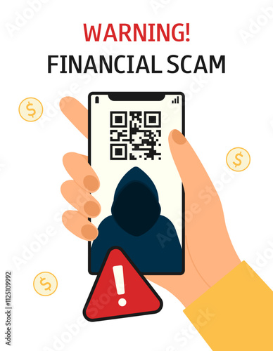 Hand with phone. Fake Qr Code. Financial scam. Phishing fraud concept. Online crime warning. Flat vector poster, banner.