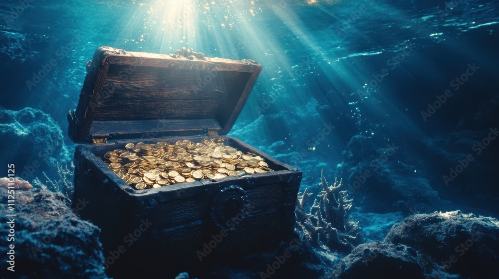 Open treasure chest filled with gold coins on the ocean floor ...