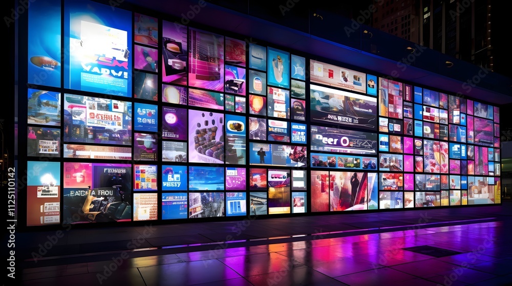 Art piece showing a display of diverse media thumbnails, set against a textured wall, with neon accents and digital screen effects for an immersive, modern look. Art piece showing a display of diverse media thumbnails, set against a textured wall, with neon accents and digital screen effects for an immersive, modern look.