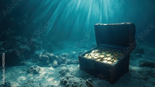 Open treasure chest filled with gold coins on the ocean floor, illuminated by sun rays penetrating the clear, deep blue water. photo