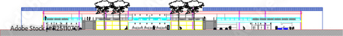 vector sketch illustration of the silhouette of an airport construction architectural engineering design with bourding towards the plane.eps