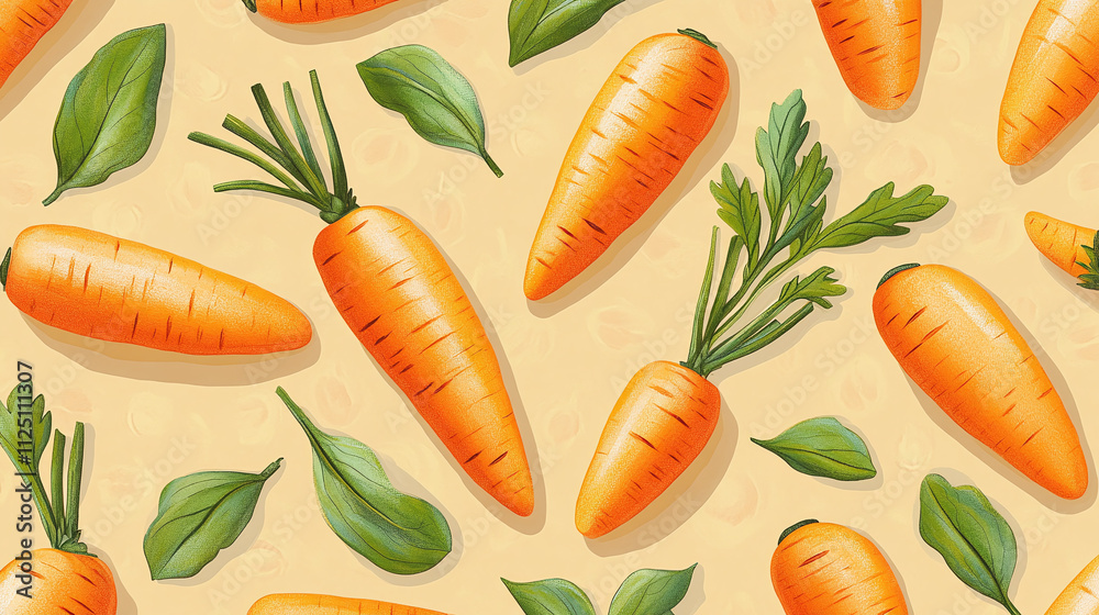 Carrot pattern for vegetable themed print, wallpaper art with farm and garden motifs, orange illustration on background, cute design texture in seamless layout. Carrot pattern for vegetable themed print, wallpaper art with farm and garden motifs, orange illustration on background, cute design texture in seamless layout.
