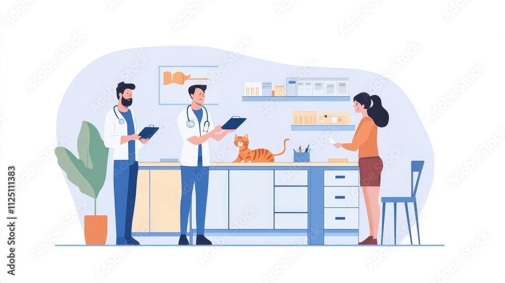 Veterinarian discussing pet health with a cat owner, friendly and professional interaction, colorful clinic backdrop