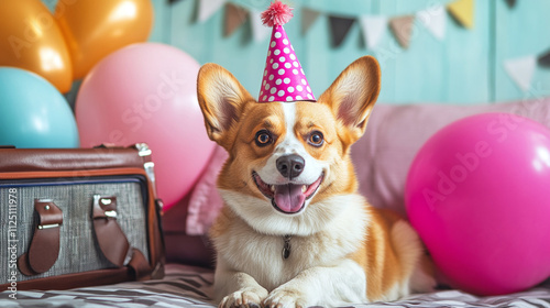 Happy dog celebrates birthday, pet wears party hat for festive occasion, cute animal portrait for greeting or invitation card, funny puppy adds humor to celebration background. photo