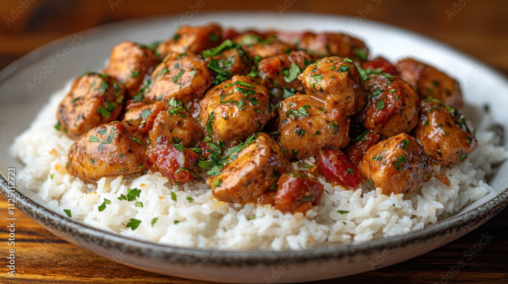 Delicious meatballs served on bed of fluffy white rice, garnished with fresh herbs and rich tomato sauce, creating comforting and flavorful dish