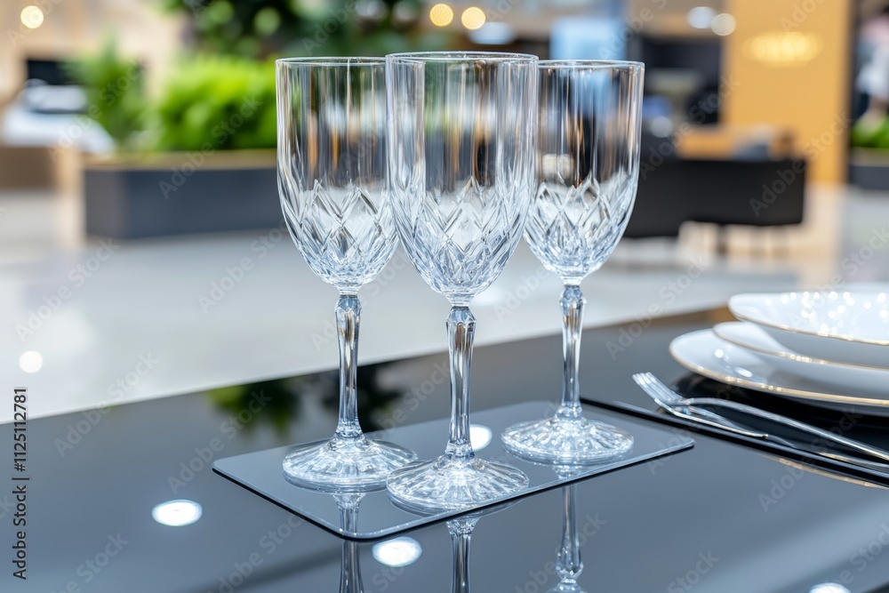 A luxurious ebony dining table set in a modern room, adorned with crystal glasses and elegant silverware A luxurious ebony dining table set in a modern room, adorned with crystal glasses and elegant silverware