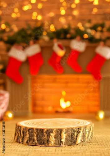 Rustic Christmas Fireplace Scene with Red Stockings and Wooden Slice