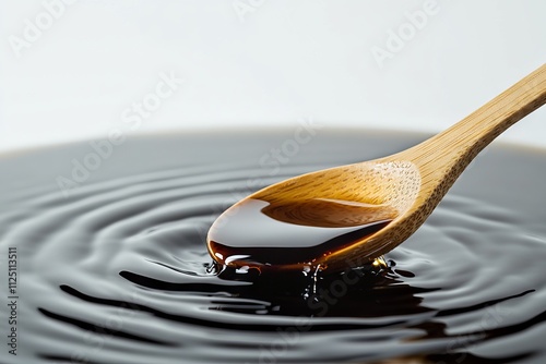 Soy Sauce Pouring from Wooden Spoon onto Water Ripple Background. AI generated illustration