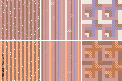 Set of 6 geometric vector seamless pattern chocolate and coffee Mocha Mousse brown beige background. Trendy colors of the year 2025. Wallpaper. Print collection. Scrapbook. Textile. Wrapping paper.