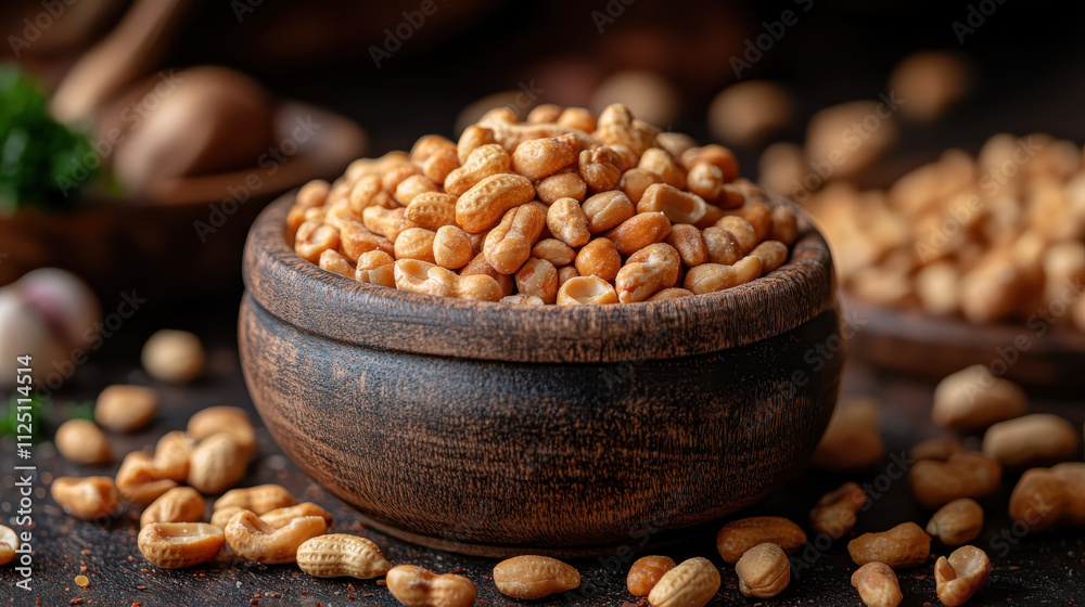 Roasted peanuts in wooden bowl create delightful snack, perfect for sharing or enjoying alone. Their crunchy texture and rich flavor make them irresistible treat Roasted peanuts in wooden bowl create delightful snack, perfect for sharing or enjoying alone. Their crunchy texture and rich flavor make them irresistible treat