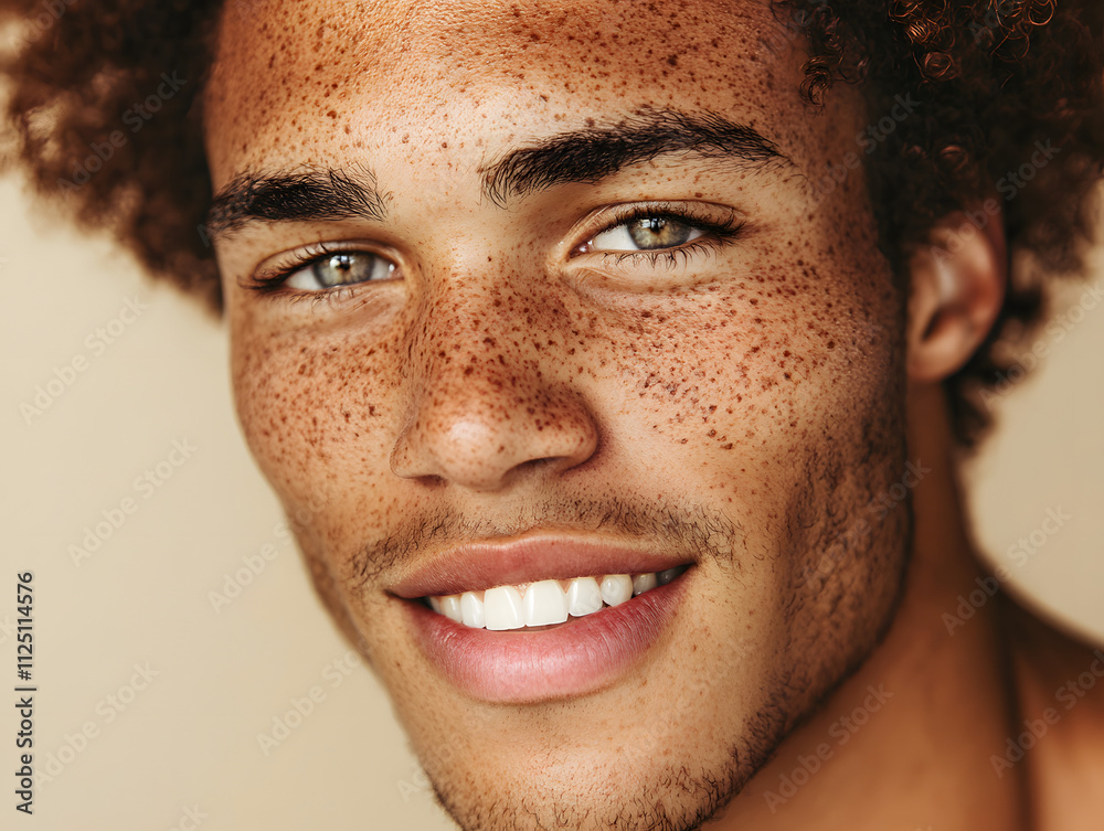 Obraz premium Genuine and Friendly: A Close-Up Image of a Man with Curly Hair and a Radiant Smile