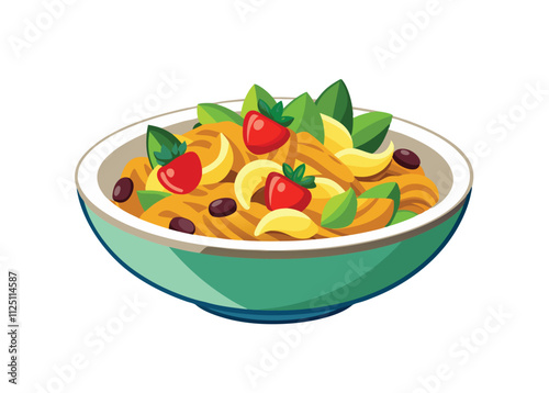 Vector Illustration Delicious Pasta Salad on White Background.