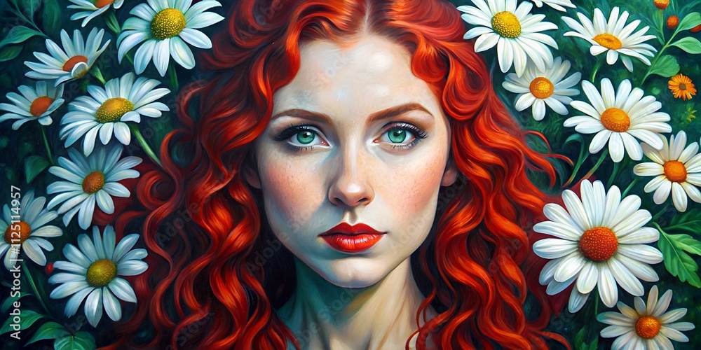 Portrait of a woman with striking red hair surrounded by vibrant daisies in a lush garden setting Portrait of a woman with striking red hair surrounded by vibrant daisies in a lush garden setting