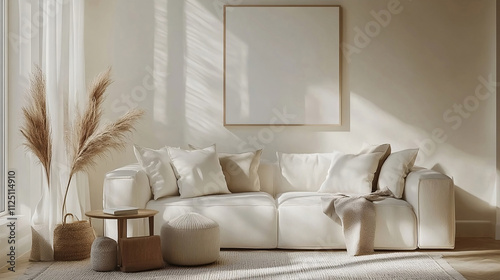 Frame mockup, Living room wall poster mockup. Modern interior design. Room table and corner sofa. Minimalist living room boho interior, cosy aesthetic photo, neutral light beige colors.
