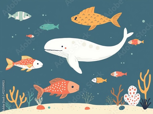 Whale and fishes swimming in the ocean in a cute Scandinavian style poster design with simple background, Scandinavian, fishes photo