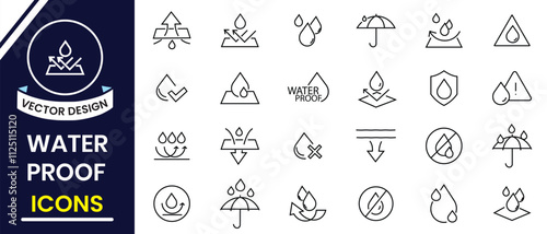 Waterproof icons set design. Water resistant,  Water protection line icon design,  Anti wetting material,  surface protection. Vector illustration.