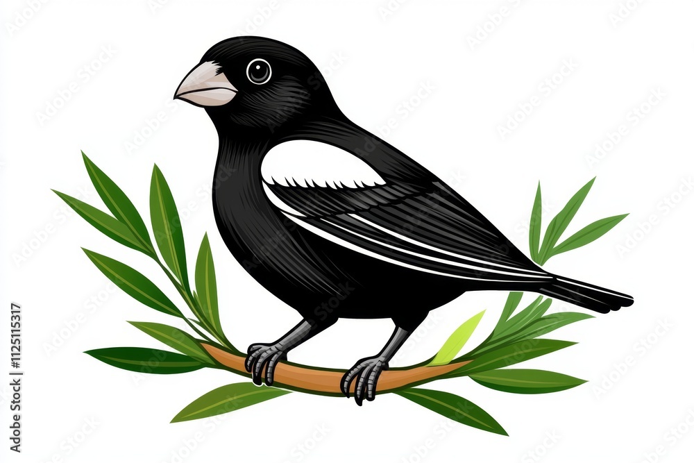 Fototapeta premium A monochromatic graphic of a bird perched on a branch, framed by a simple circular design