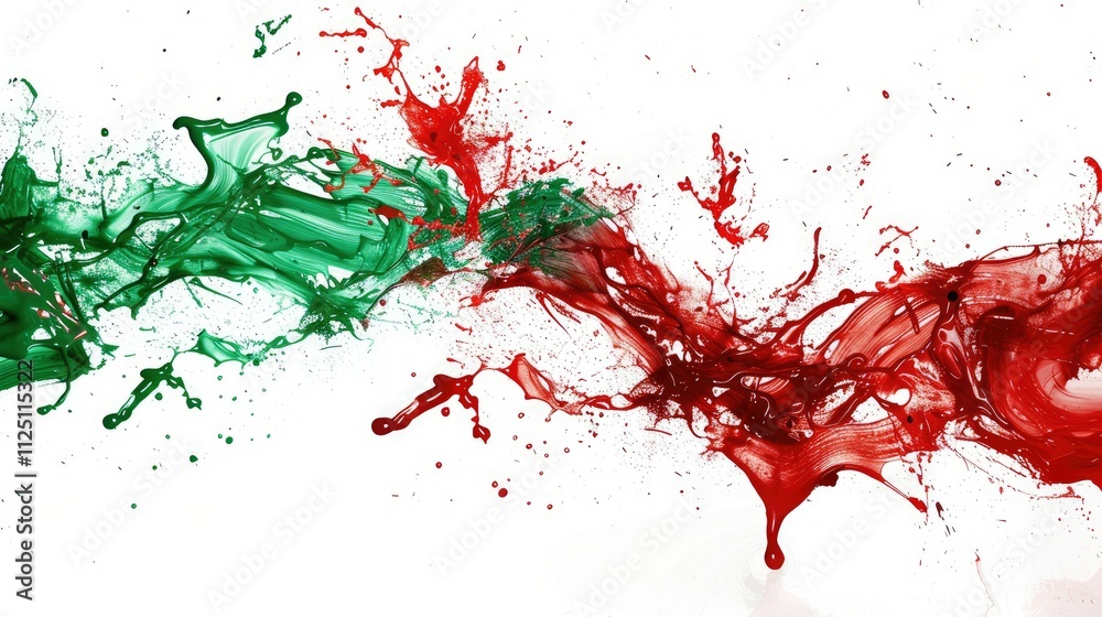 red and green paint flowing in dynamic splashes red and green paint flowing in dynamic splashes
