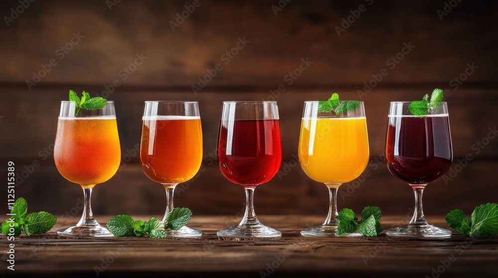 Refreshing colorful drinks garnished with mint leaves Refreshing colorful drinks garnished with mint leaves