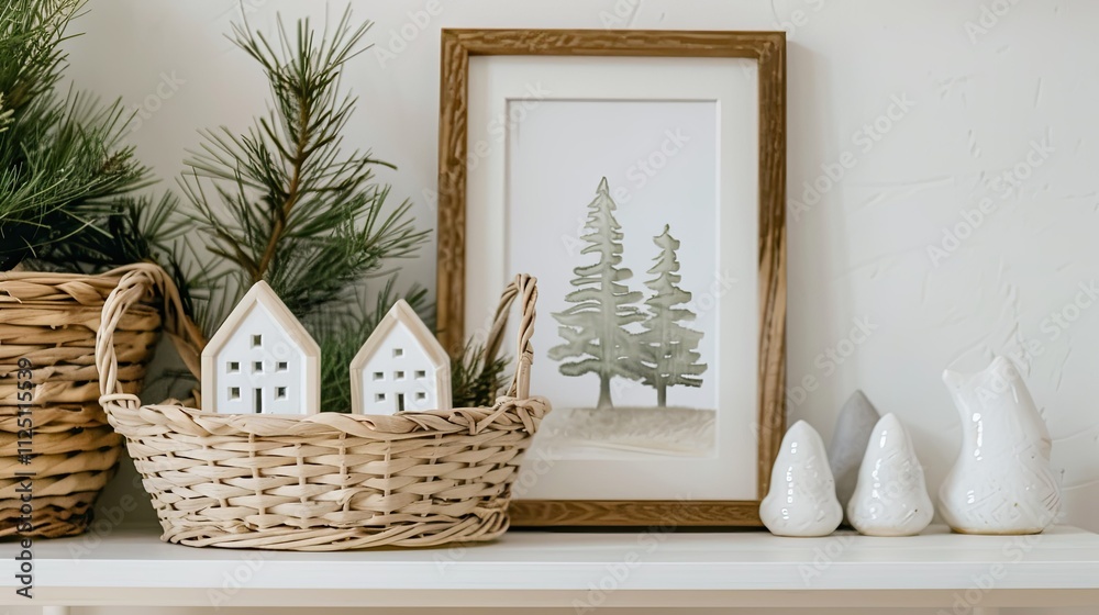 Obraz premium small white houses in a wicker basket on a shelf
