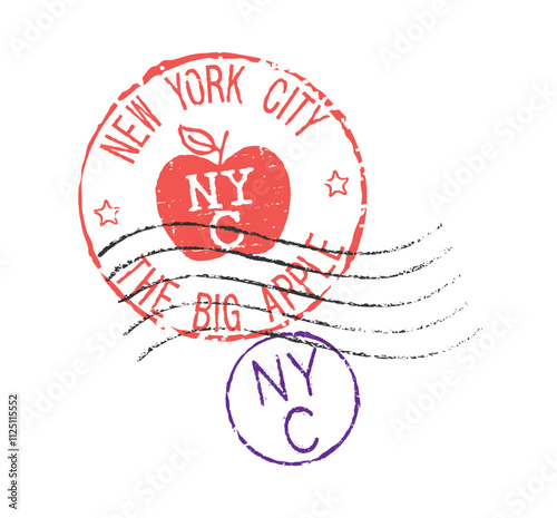 Postal rubber stamps NEW YORK CITY THE BIG APPLE and NYC abbreviation. Retro seals for letter envelopes, greeting cards, passports, parcels. photo