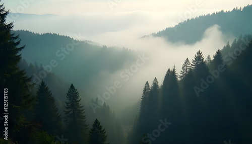 Tranquil Winter Scene: Green Conifers and Fog on a Cold Morning in the Mountains 