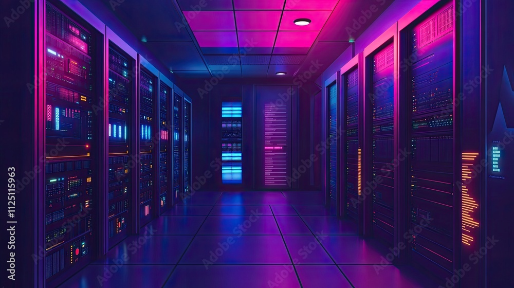 Neon-lit server room corridor with rows of data storage racks. Neon-lit server room corridor with rows of data storage racks.