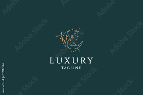 Elegant crescent moon and beautiful rose flower crescent moon star logo design line icon vector in linear luxury style line for Woman Vibes like Spa, Cosmetic, Skin Care, Massage logo design
