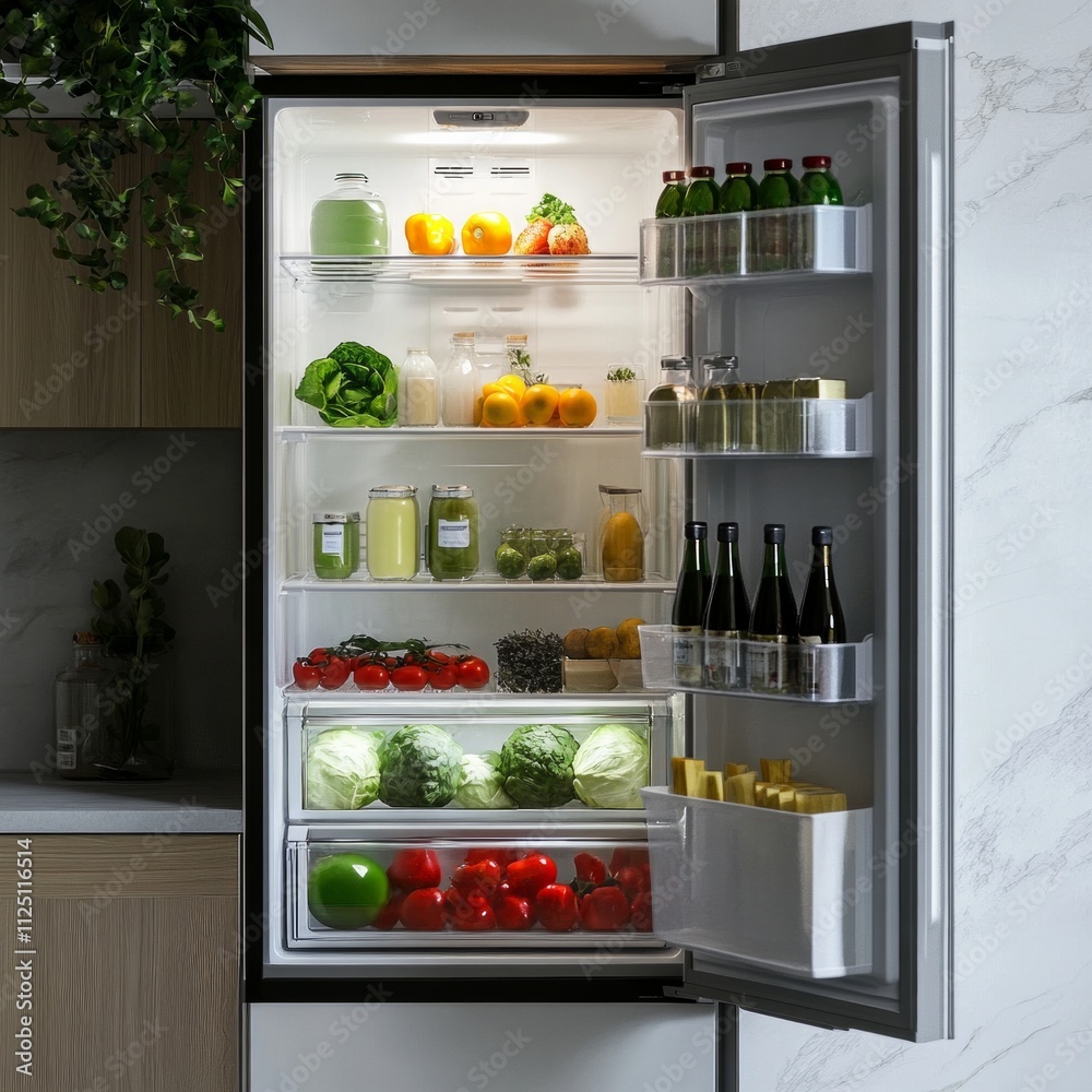 Open refrigerator filled with fresh vegetables, fruits, and beverages in modern kitchen. Open refrigerator filled with fresh vegetables, fruits, and beverages in modern kitchen.