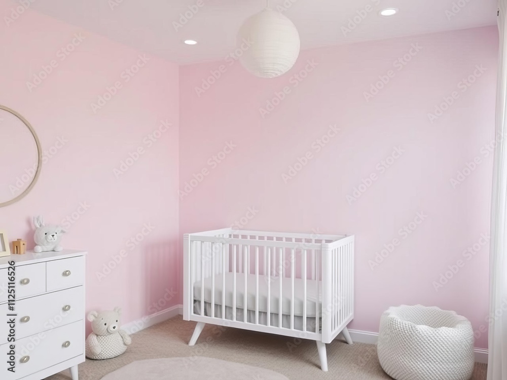 White crib with soft pink and grey decor against a lavender wall, modern, decor White crib with soft pink and grey decor against a lavender wall, modern, decor