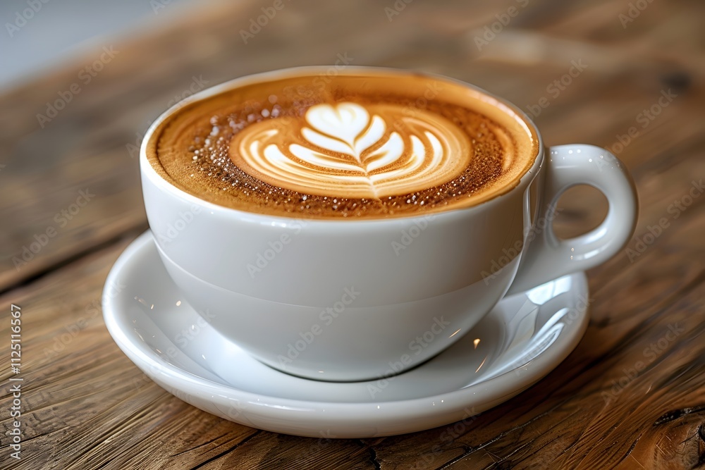 Warm Cappuccino with Latte Art on Rustic Wooden Table - Perfect for Coffee Lovers and Cafe Designs Warm Cappuccino with Latte Art on Rustic Wooden Table - Perfect for Coffee Lovers and Cafe Designs
