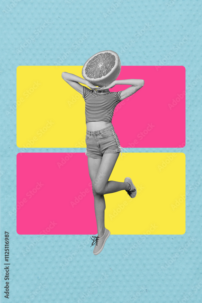 Εκτύπωση καμβά Vertical photo collage of anonym girl instead head orange fruit detox diet half