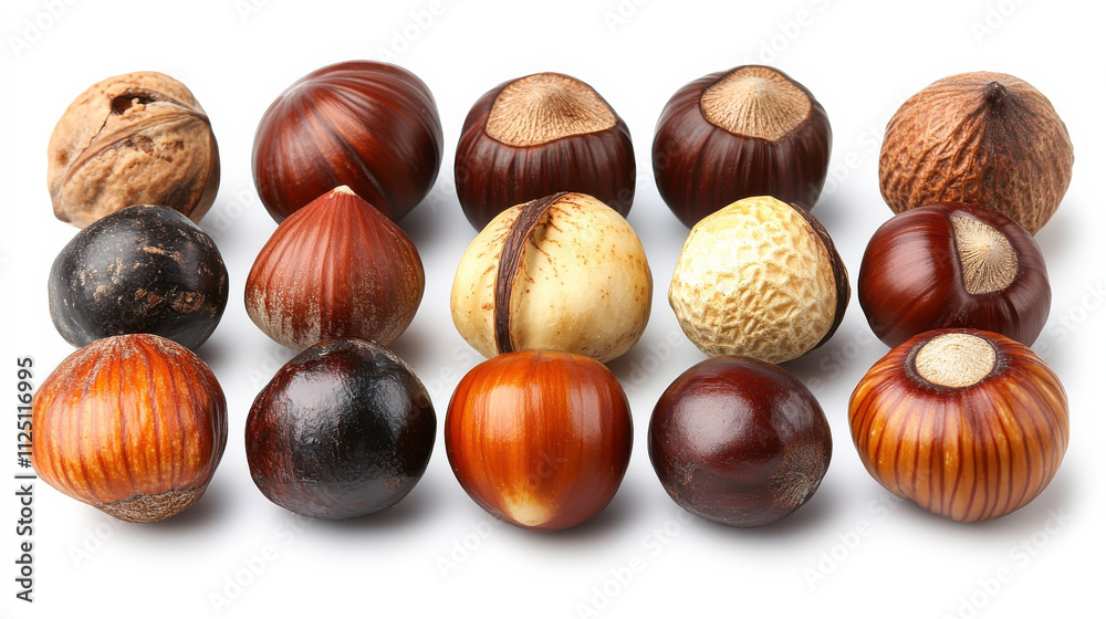 Obraz premium collection of various nuts, including hazelnuts and chestnuts, displayed in visually appealing arrangement. nuts showcase diverse colors and textures, creating interesting natural display