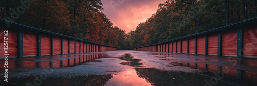 Orange roll up doors of a modern self storage building reflecting on a wet asphalt at sunset. photo