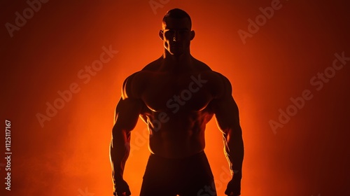 Silhouette of a muscular bodybuilder against a dramatic backdrop photo