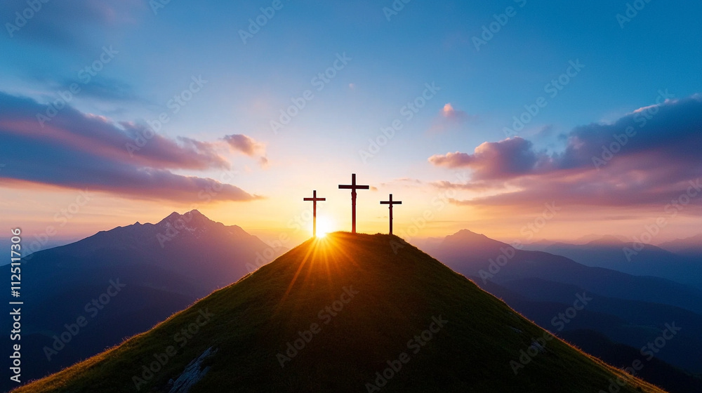 Sunrise over hilltop with three crosses, symbolizing hope and spirituality in a tranquil mountain setting. Sunrise over hilltop with three crosses, symbolizing hope and spirituality in a tranquil mountain setting.