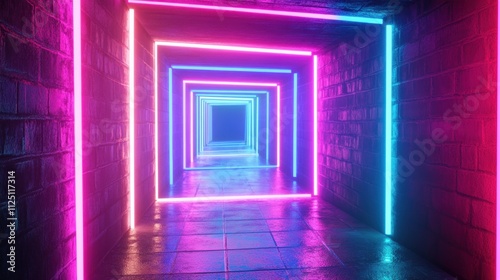 A vibrant tunnel illuminated with neon pink and blue lights, creating a futuristic and surreal atmosphere.