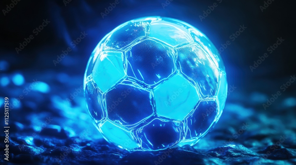 Naklejka premium An illuminated blue soccer ball glowing with a captivating light against a dark background.